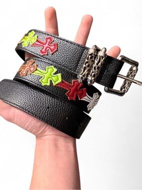 Chrome Hearts Black Leather Belt with Multicolor Cross Patches